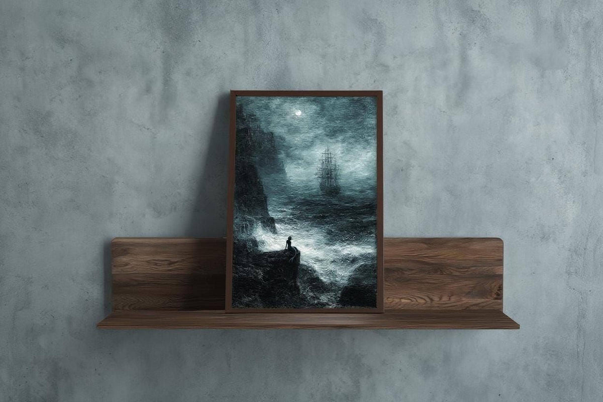 a dark, moody scene of a ship sailing through rough waters, with a lone figure standing on a cliff overlooking the turbulent sea.