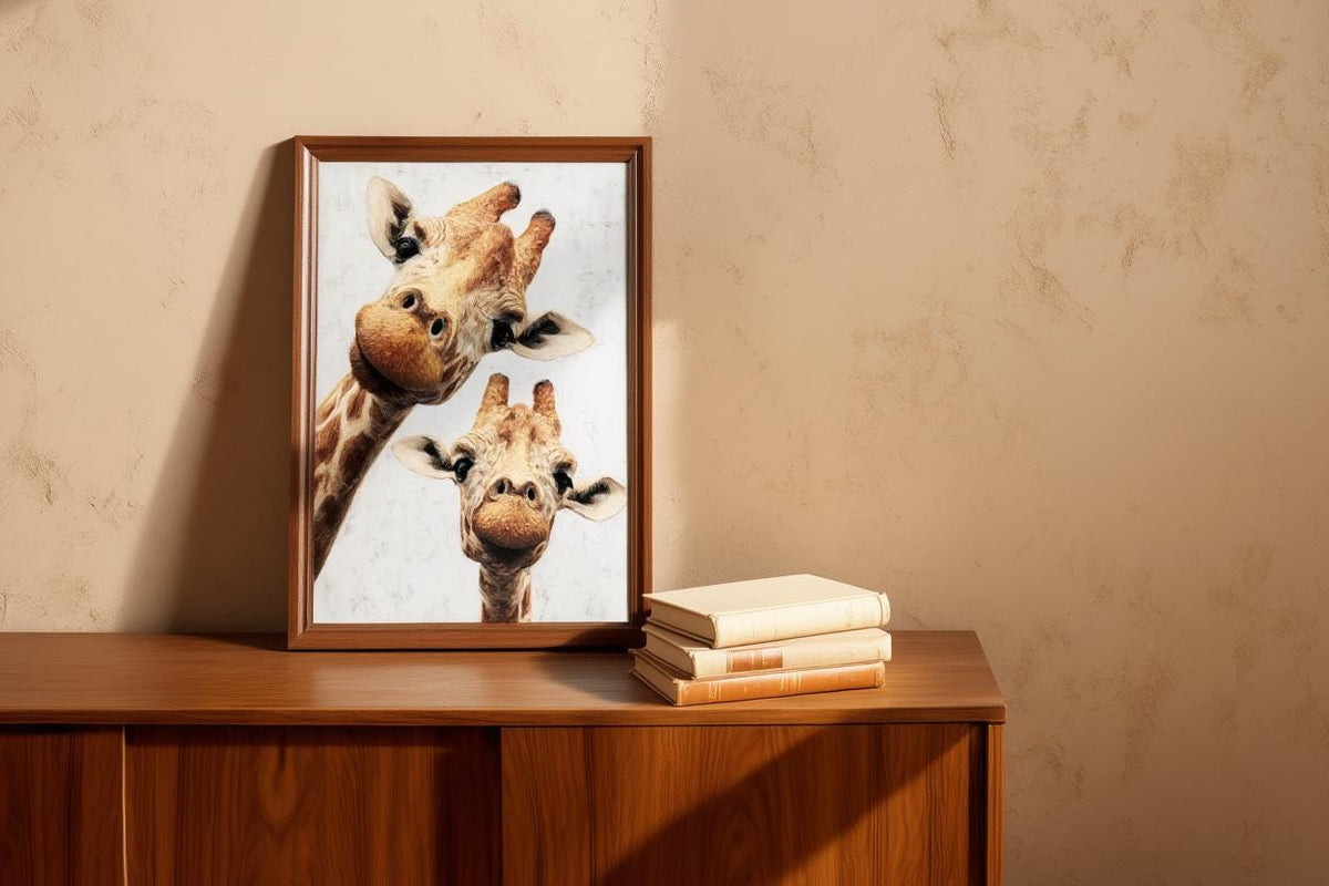 Giraffe Wall Art, Funny Safari Animal Painting, Whimsical Peeking Giraffes Print, Minimalist Wildlife Nursery Decor, Quirky Jungle Portrait
