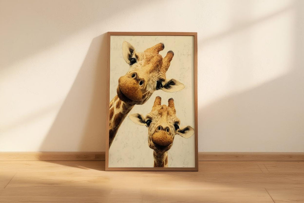 Giraffe Wall Art, Funny Safari Animal Painting, Whimsical Peeking Giraffes Print, Minimalist Wildlife Nursery Decor, Quirky Jungle Portrait