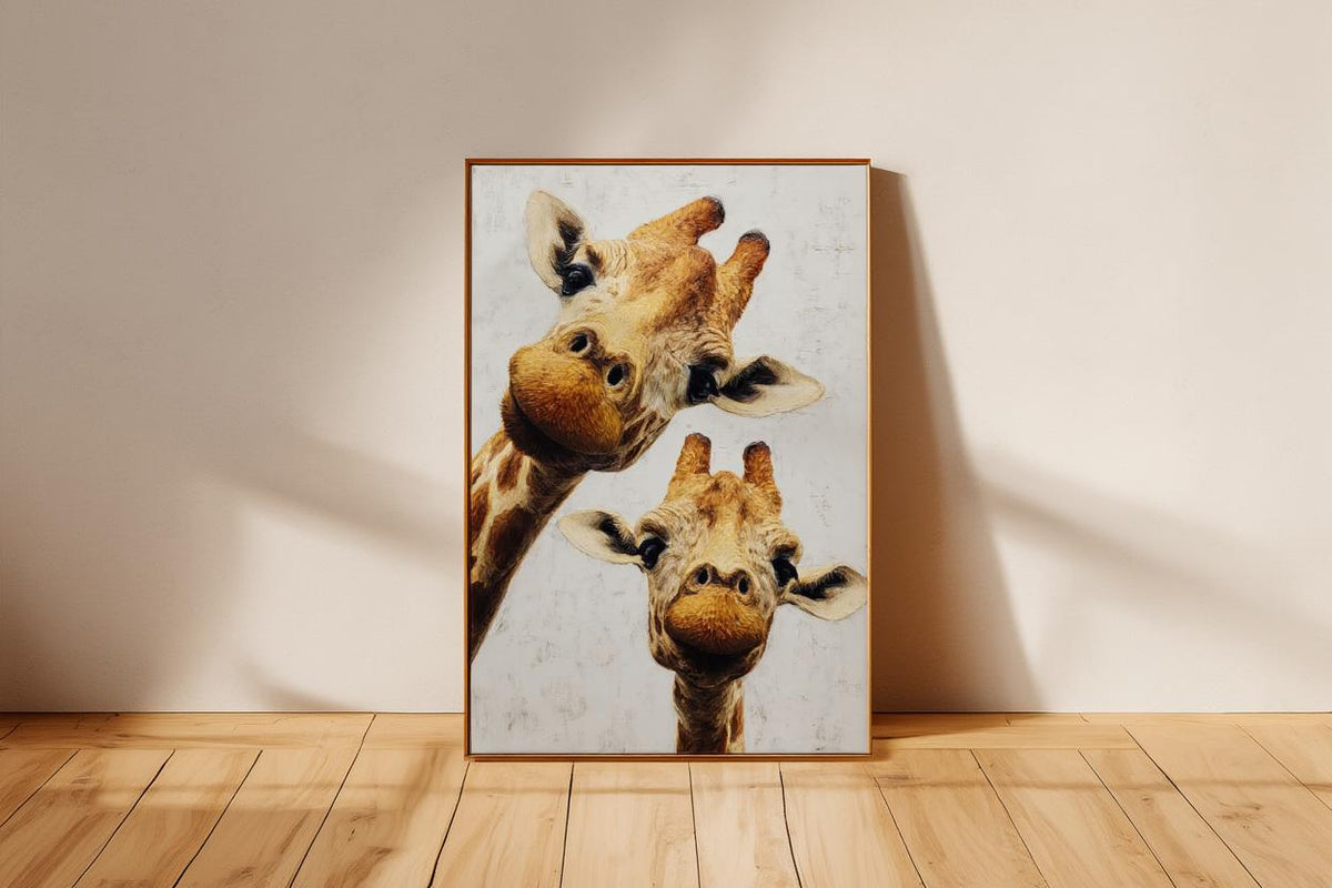 Giraffe Wall Art, Funny Safari Animal Painting, Whimsical Peeking Giraffes Print, Minimalist Wildlife Nursery Decor, Quirky Jungle Portrait
