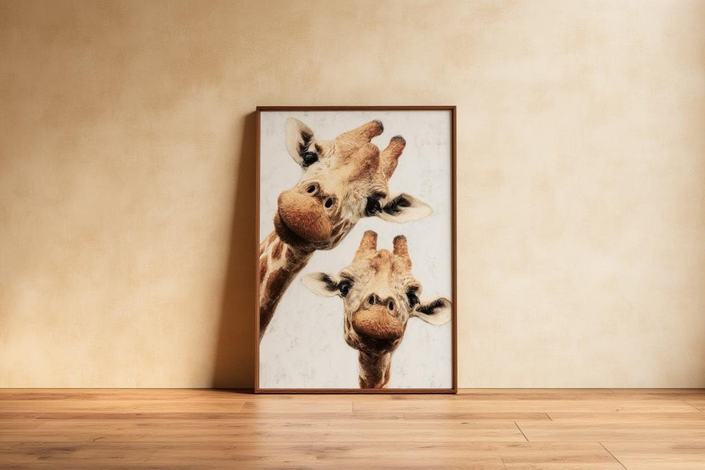 Giraffe Wall Art, Funny Safari Animal Painting, Whimsical Peeking Giraffes Print, Minimalist Wildlife Nursery Decor, Quirky Jungle Portrait