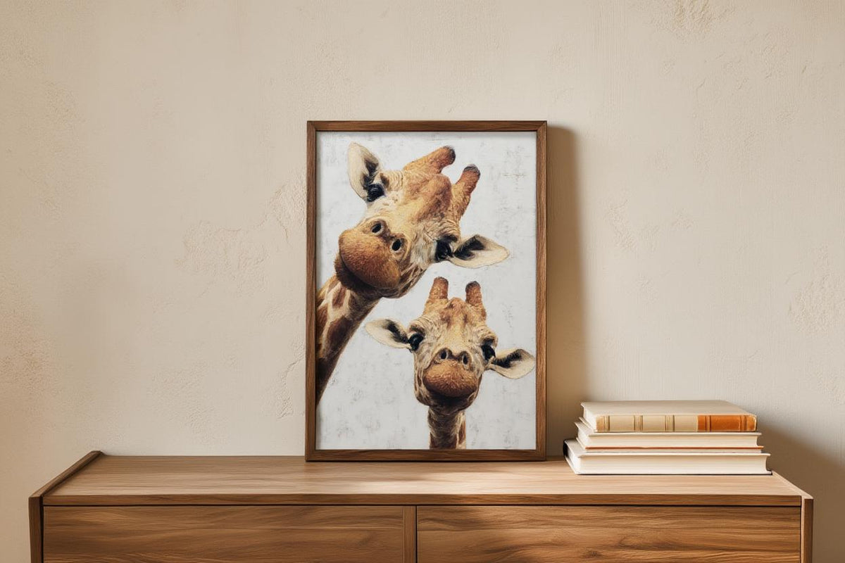 Giraffe Wall Art, Funny Safari Animal Painting, Whimsical Peeking Giraffes Print, Minimalist Wildlife Nursery Decor, Quirky Jungle Portrait