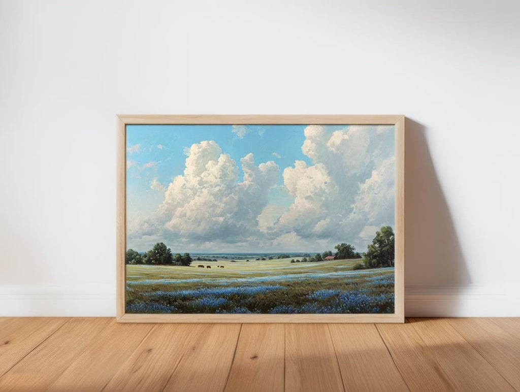 Texas Bluebonnet Landscape, Hill Country Oil Painting, Wildflower Meadow Poster, Pastoral Countryside Print, Rustic Home Decor, Fine Art