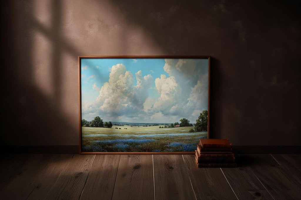 Texas Bluebonnet Landscape, Hill Country Oil Painting, Wildflower Meadow Poster, Pastoral Countryside Print, Rustic Home Decor, Fine Art