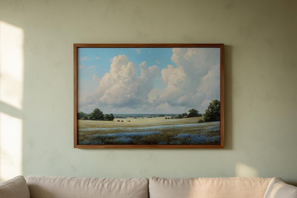 Texas Bluebonnet Landscape, Hill Country Oil Painting, Wildflower Meadow Poster, Pastoral Countryside Print, Rustic Home Decor, Fine Art