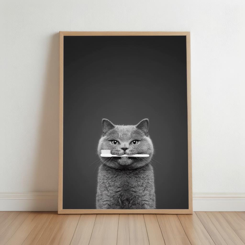 Quirky Dentist Cat with Toothbrush, Whimsical Pet Bathroom Print, Minimalist Dental Office Decor, Funny British Shorthair Cat Lover Gift