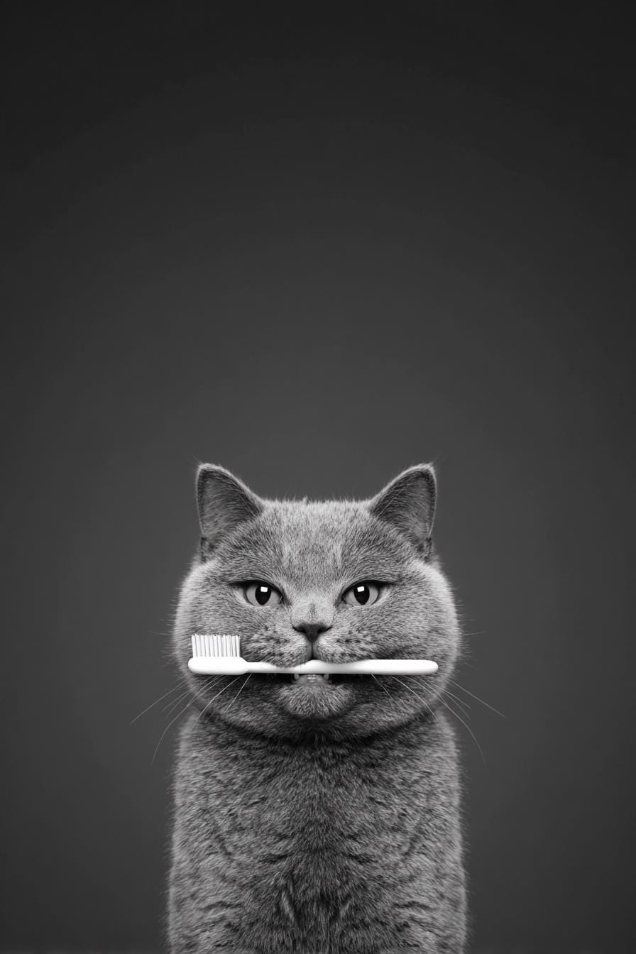 Quirky Dentist Cat with Toothbrush, Whimsical Pet Bathroom Print, Minimalist Dental Office Decor, Funny British Shorthair Cat Lover Gift