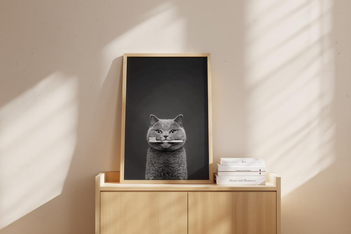 Quirky Dentist Cat with Toothbrush, Whimsical Pet Bathroom Print, Minimalist Dental Office Decor, Funny British Shorthair Cat Lover Gift