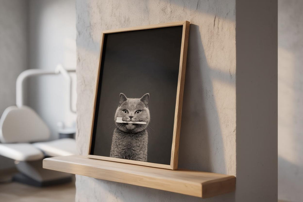 Quirky Dentist Cat with Toothbrush, Whimsical Pet Bathroom Print, Minimalist Dental Office Decor, Funny British Shorthair Cat Lover Gift
