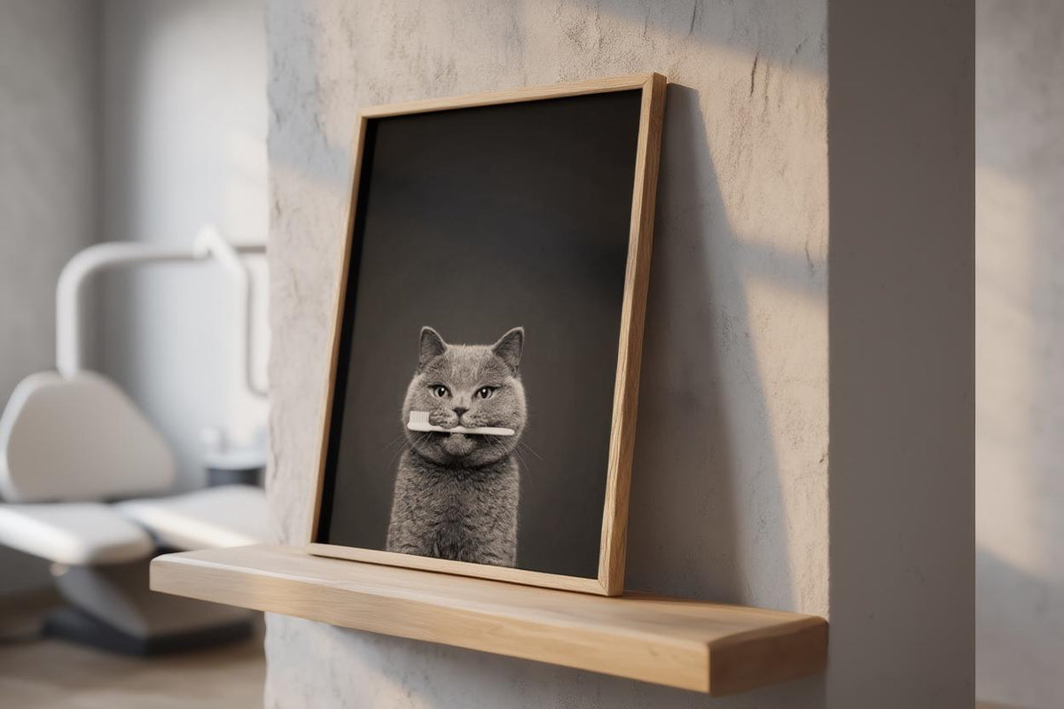 Quirky Dentist Cat with Toothbrush, Whimsical Pet Bathroom Print, Minimalist Dental Office Decor, Funny British Shorthair Cat Lover Gift