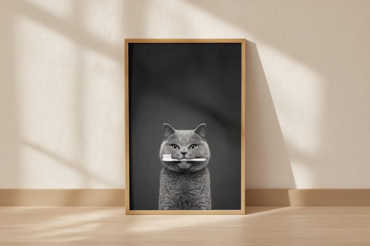 Quirky Dentist Cat with Toothbrush, Whimsical Pet Bathroom Print, Minimalist Dental Office Decor, Funny British Shorthair Cat Lover Gift
