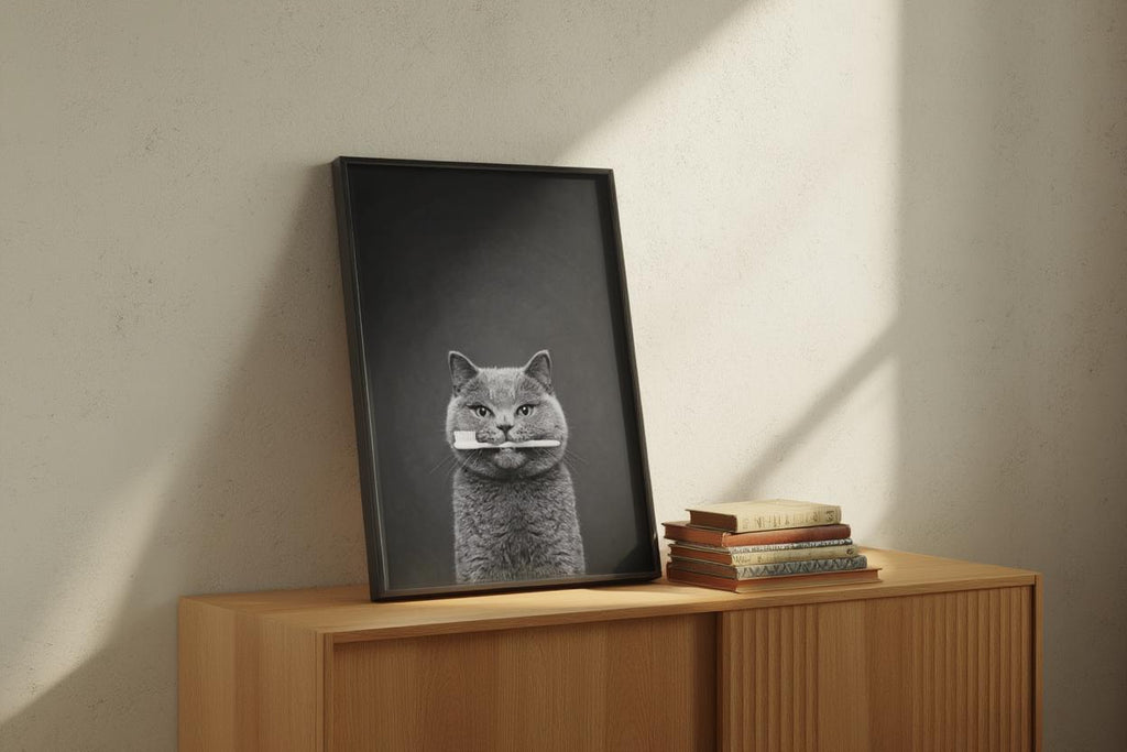 Quirky Dentist Cat with Toothbrush, Whimsical Pet Bathroom Print, Minimalist Dental Office Decor, Funny British Shorthair Cat Lover Gift