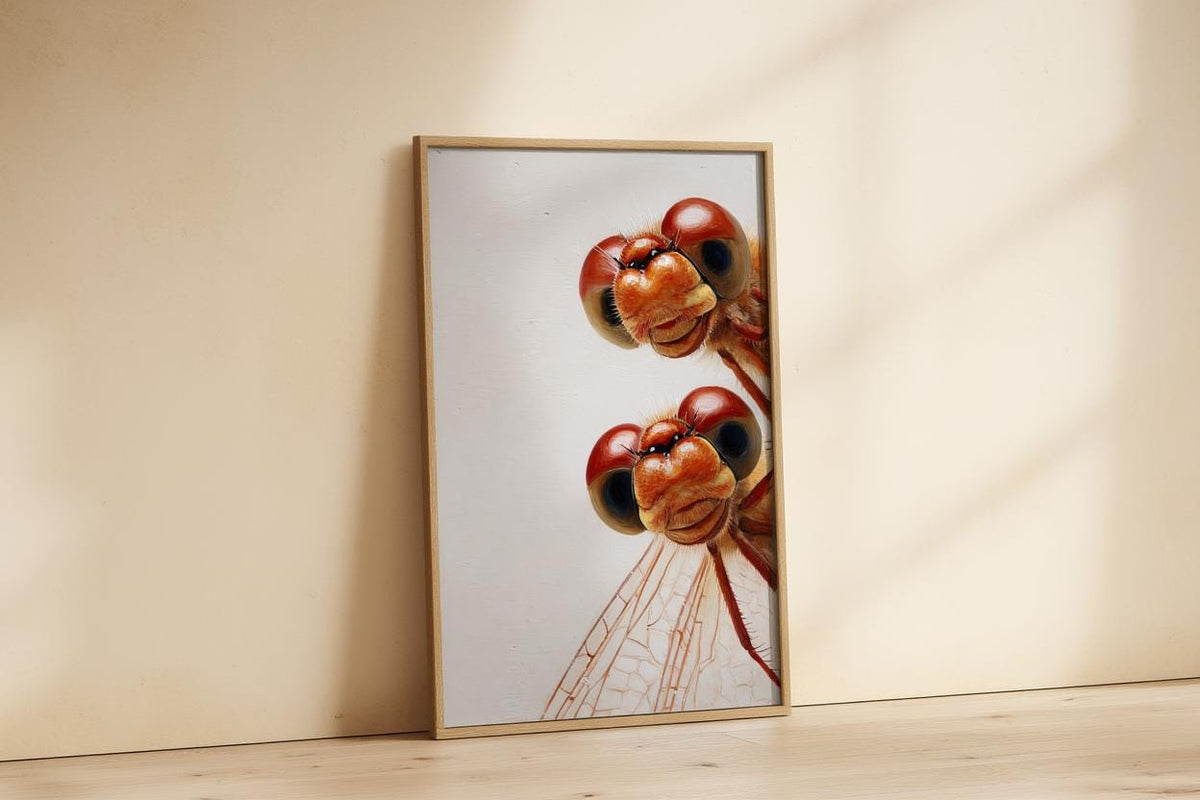 Red Dragonflies Poster, Whimsical Insect Wall Art, Quirky Peeking Animals Print, Woodland Bugs Nursery Decor, Funny Dragonfly Painting