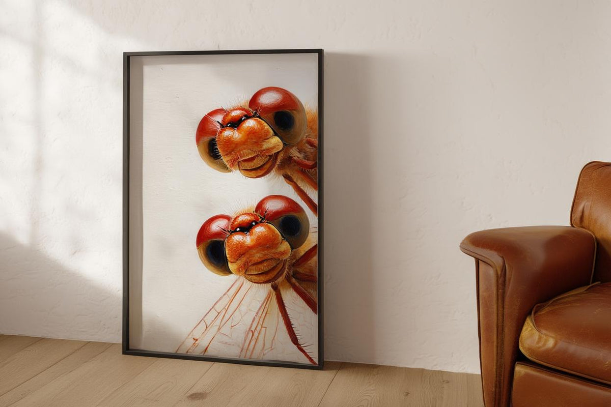 Red Dragonflies Poster, Whimsical Insect Wall Art, Quirky Peeking Animals Print, Woodland Bugs Nursery Decor, Funny Dragonfly Painting