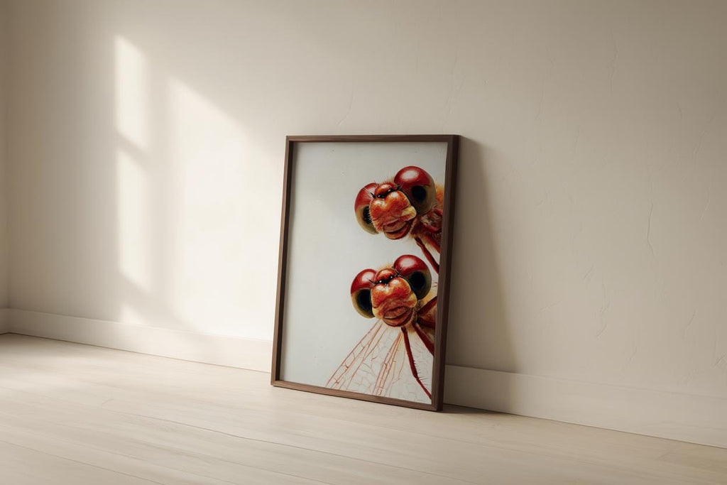 Red Dragonflies Poster, Whimsical Insect Wall Art, Quirky Peeking Animals Print, Woodland Bugs Nursery Decor, Funny Dragonfly Painting