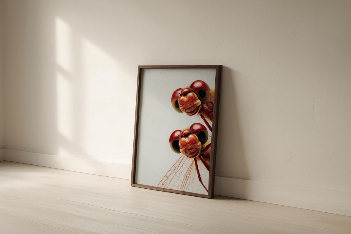 Red Dragonflies Poster, Whimsical Insect Wall Art, Quirky Peeking Animals Print, Woodland Bugs Nursery Decor, Funny Dragonfly Painting