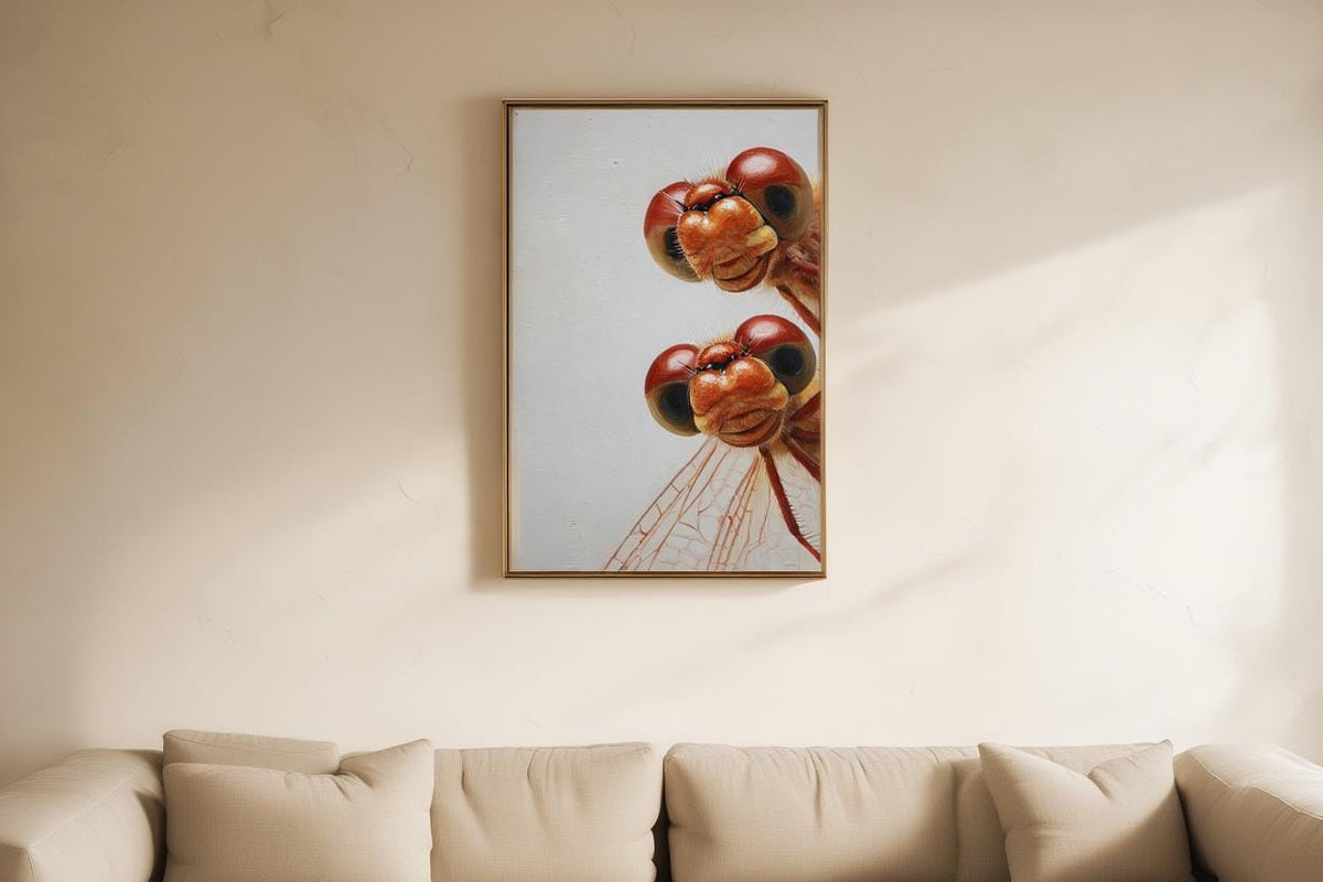 Red Dragonflies Poster, Whimsical Insect Wall Art, Quirky Peeking Animals Print, Woodland Bugs Nursery Decor, Funny Dragonfly Painting