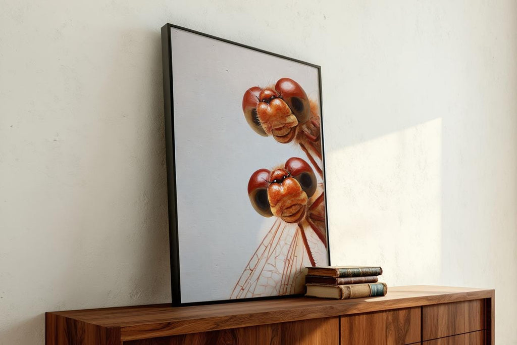 Red Dragonflies Poster, Whimsical Insect Wall Art, Quirky Peeking Animals Print, Woodland Bugs Nursery Decor, Funny Dragonfly Painting