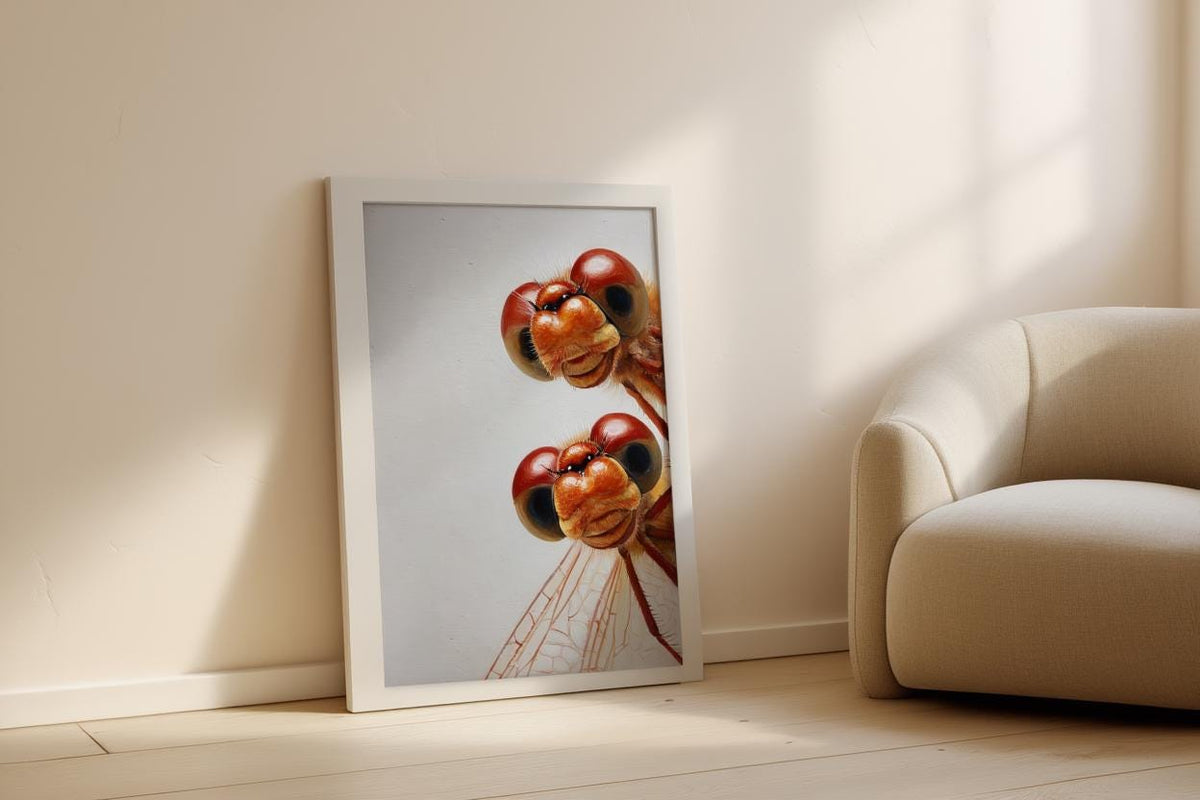 Red Dragonflies Poster, Whimsical Insect Wall Art, Quirky Peeking Animals Print, Woodland Bugs Nursery Decor, Funny Dragonfly Painting