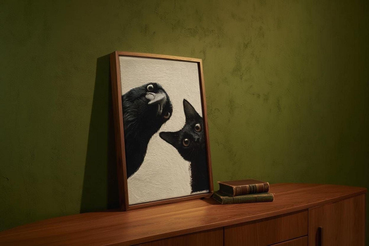 a framed painting of two black cats, one looking up and the other looking down, placed on a wooden dresser next to a stack of books.