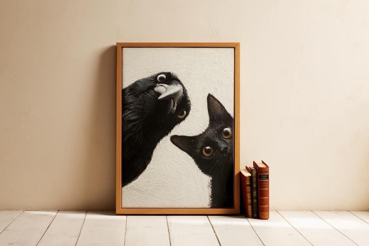 A framed painting of a black cat peeking out from behind a framed painting of a black bird, placed on a wooden floor next to a stack of books.