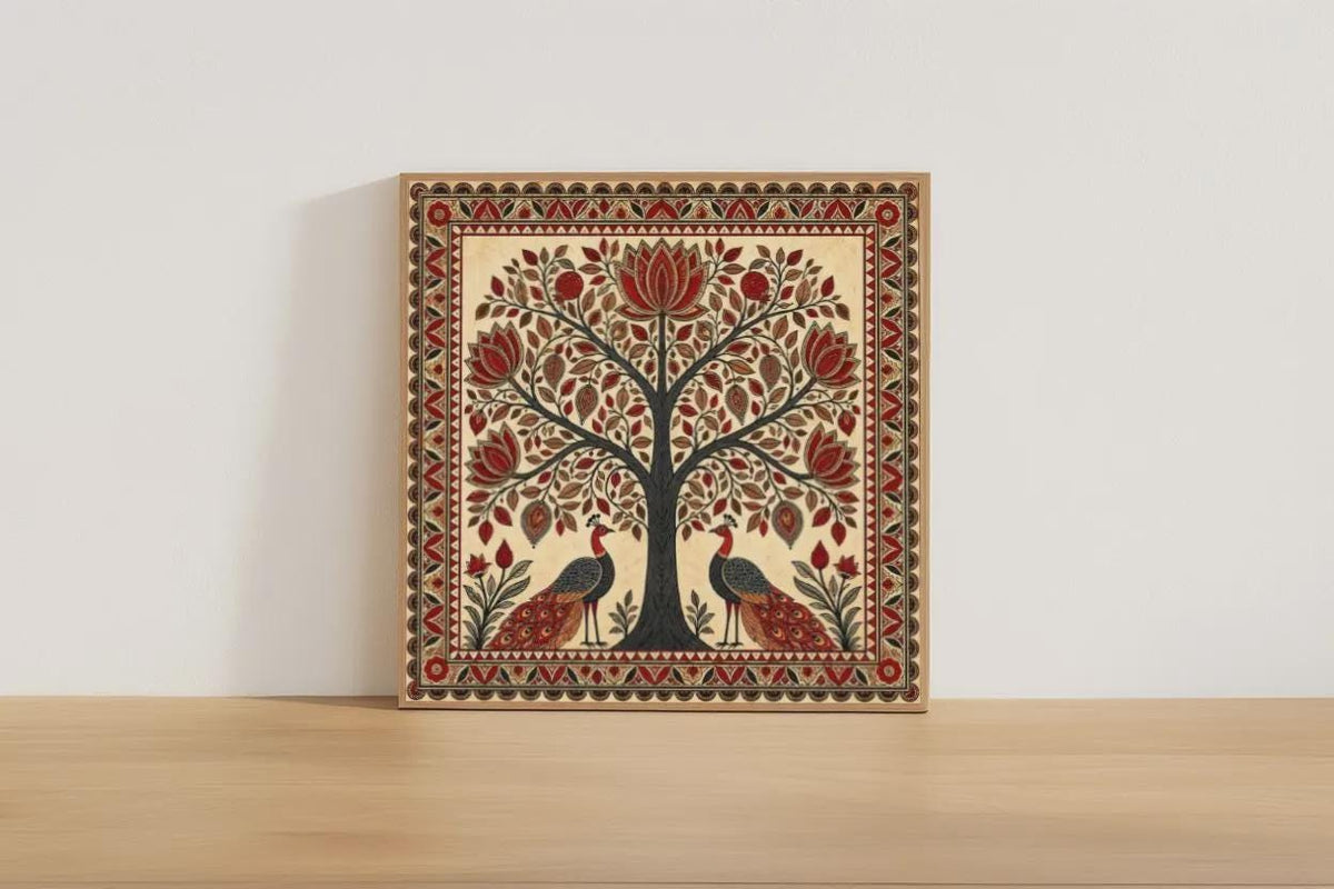 Madhubani Tree of Life Painting - Spiritual Indian Folk Wall Art - Symmetrical Botanical (Digital Printable)