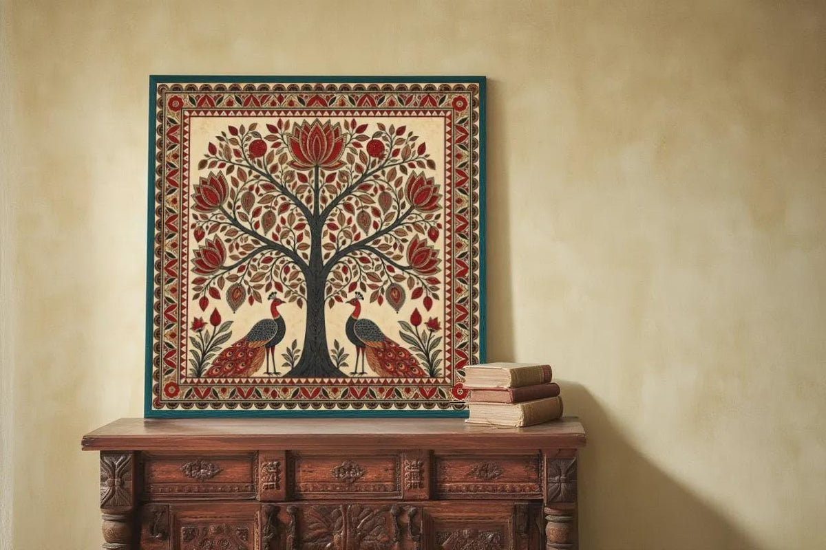 Madhubani Tree of Life Painting - Spiritual Indian Folk Wall Art - Symmetrical Botanical (Digital Printable)