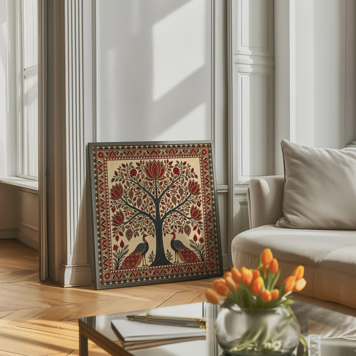 Madhubani Tree of Life Painting - Spiritual Indian Folk Wall Art - Symmetrical Botanical (Digital Printable)
