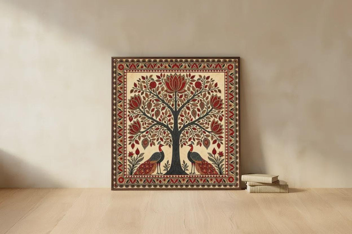 Madhubani Tree of Life Painting - Spiritual Indian Folk Wall Art - Symmetrical Botanical (Digital Printable)