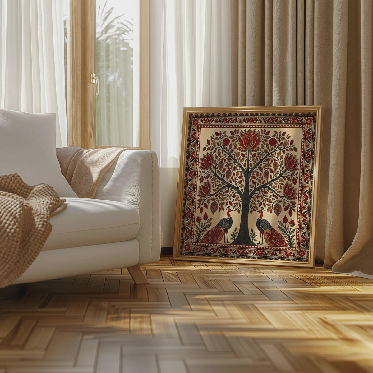 Madhubani Tree of Life Painting - Spiritual Indian Folk Wall Art - Symmetrical Botanical (Digital Printable)