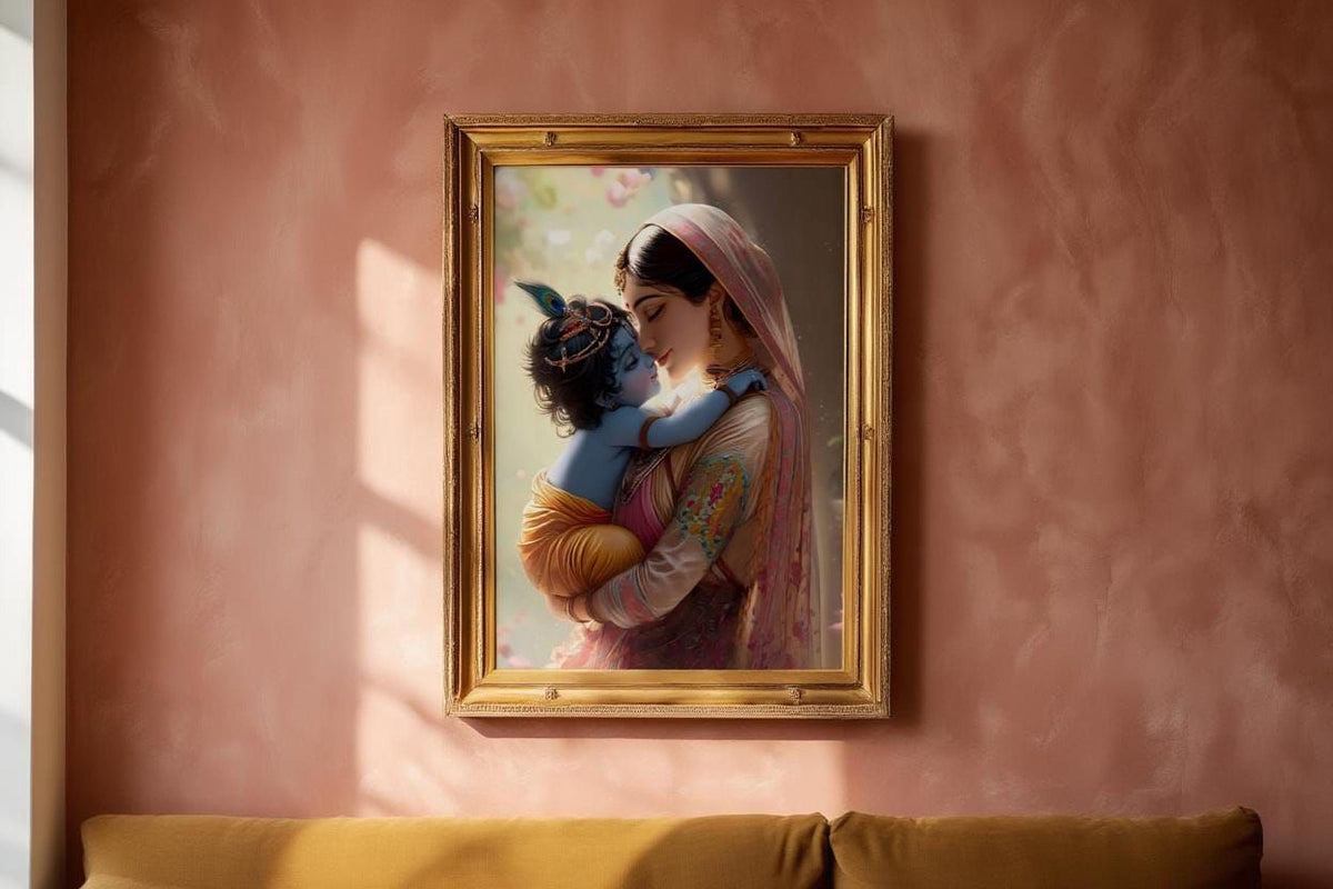 A framed painting of a woman embracing a child, likely a depiction of the Hindu deity Radha, is hanging on a pink wall above a couch.
