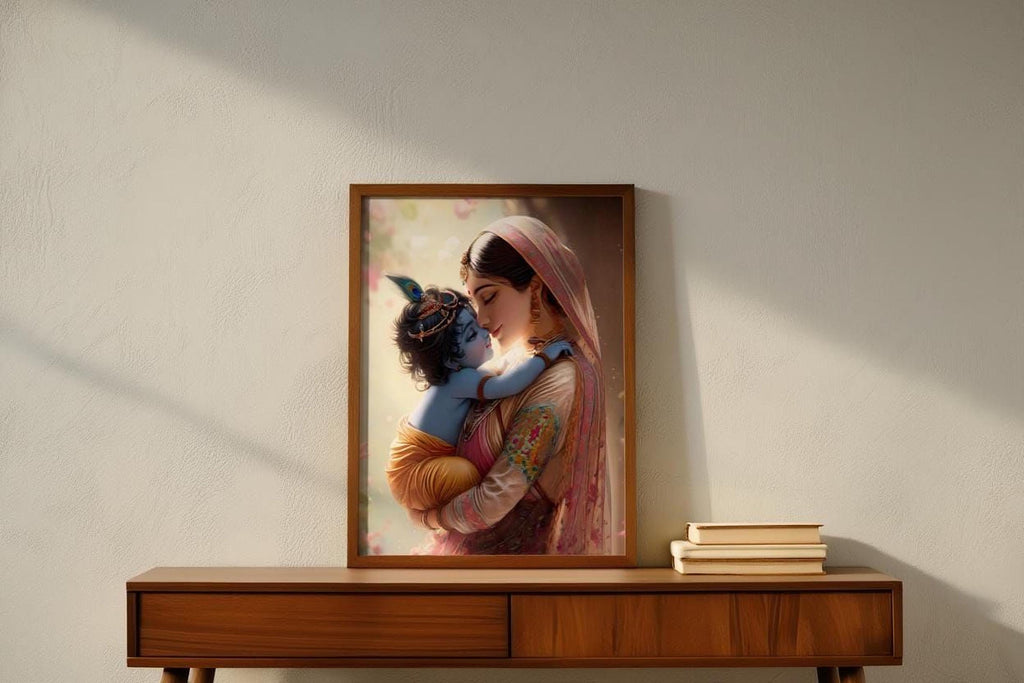 A framed painting of a woman holding a child is displayed on a wooden table against a white wall.