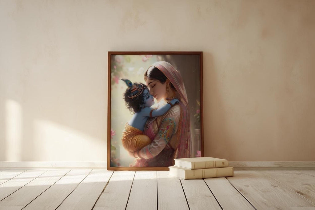 A framed painting of a woman embracing a child, likely depicting a mother and child, is displayed on a wall in a room with a wooden floor.