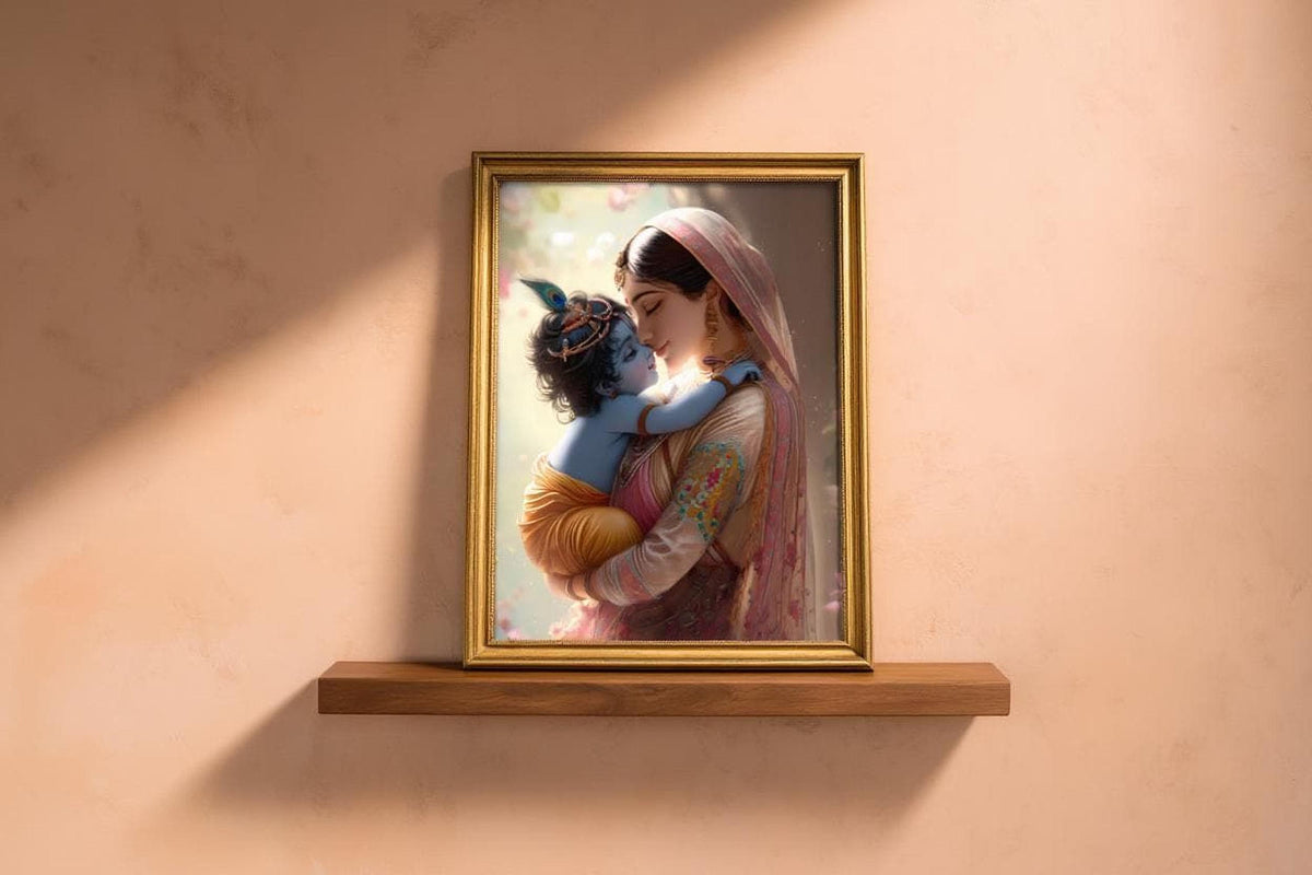 A framed image of a woman embracing a child, likely a depiction of the Hindu deity Radha, is displayed on a wooden shelf against a peach-colored wall.