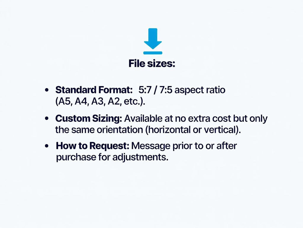 text that provides information about file sizes, including standard file formats, custom sizing options, and how to request adjustments.