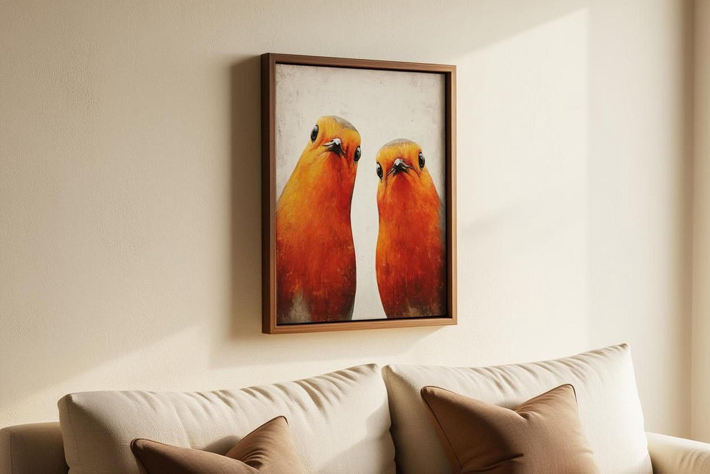 two vibrant orange birds standing side by side, as depicted in a framed artwork hanging on a wall above a beige couch with two pillows.