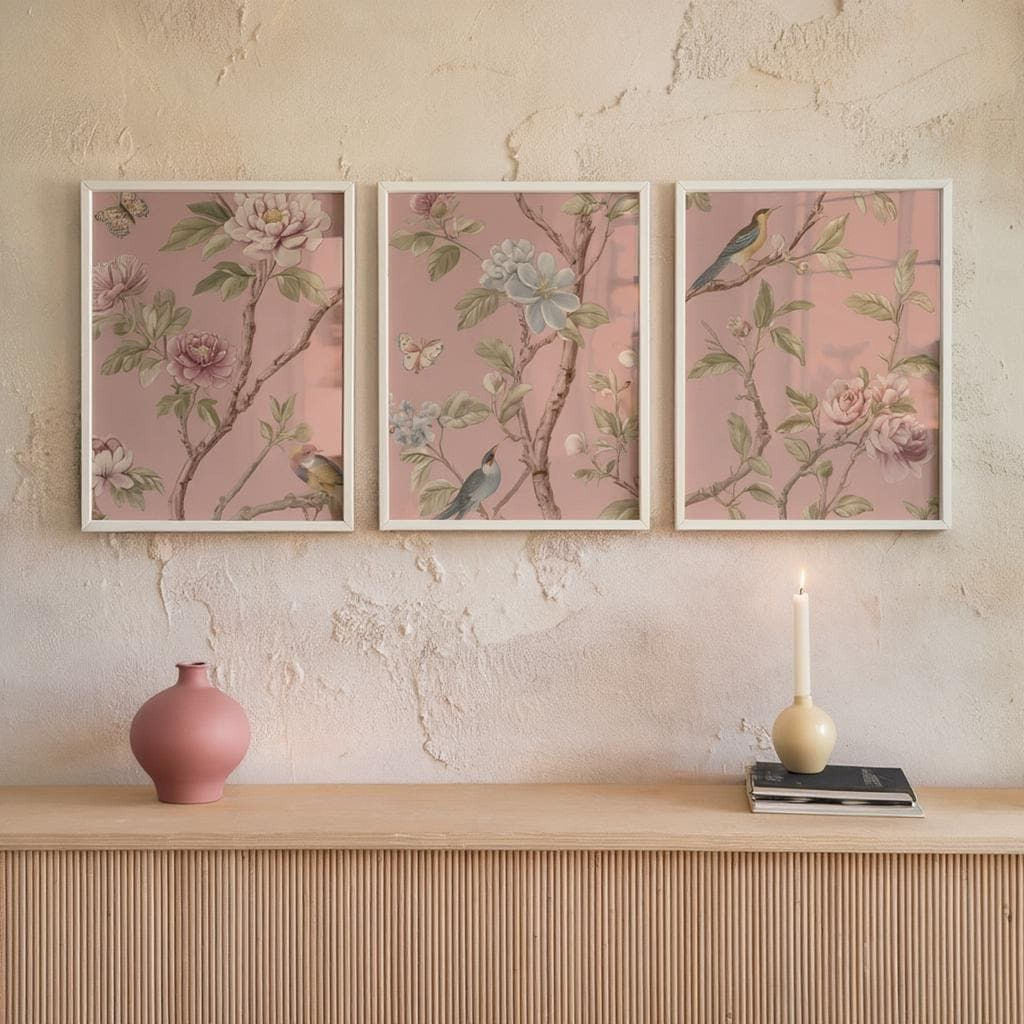 a shelf with three framed pictures of flowers hanging on a wall above it. There is also a pink vase and a lit candle on the shelf.