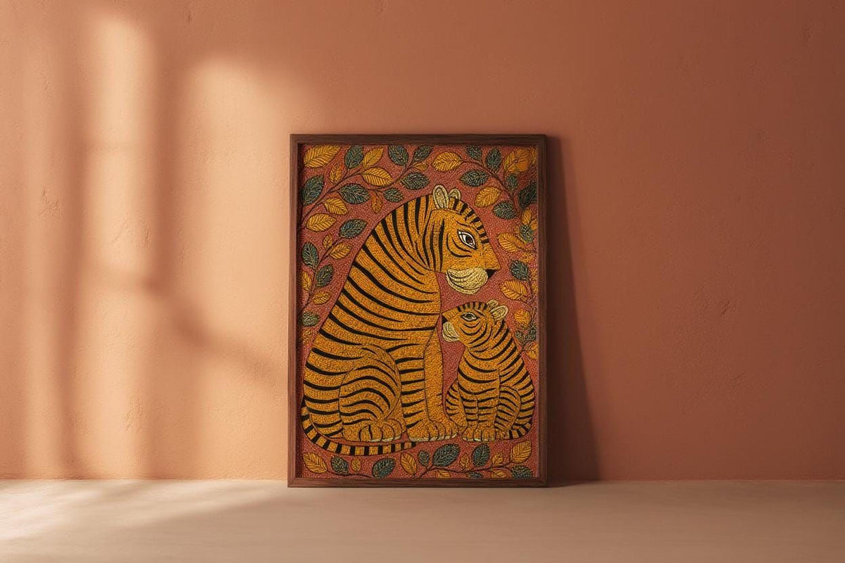 a framed painting of a tiger and its cub, set against a pink wall.