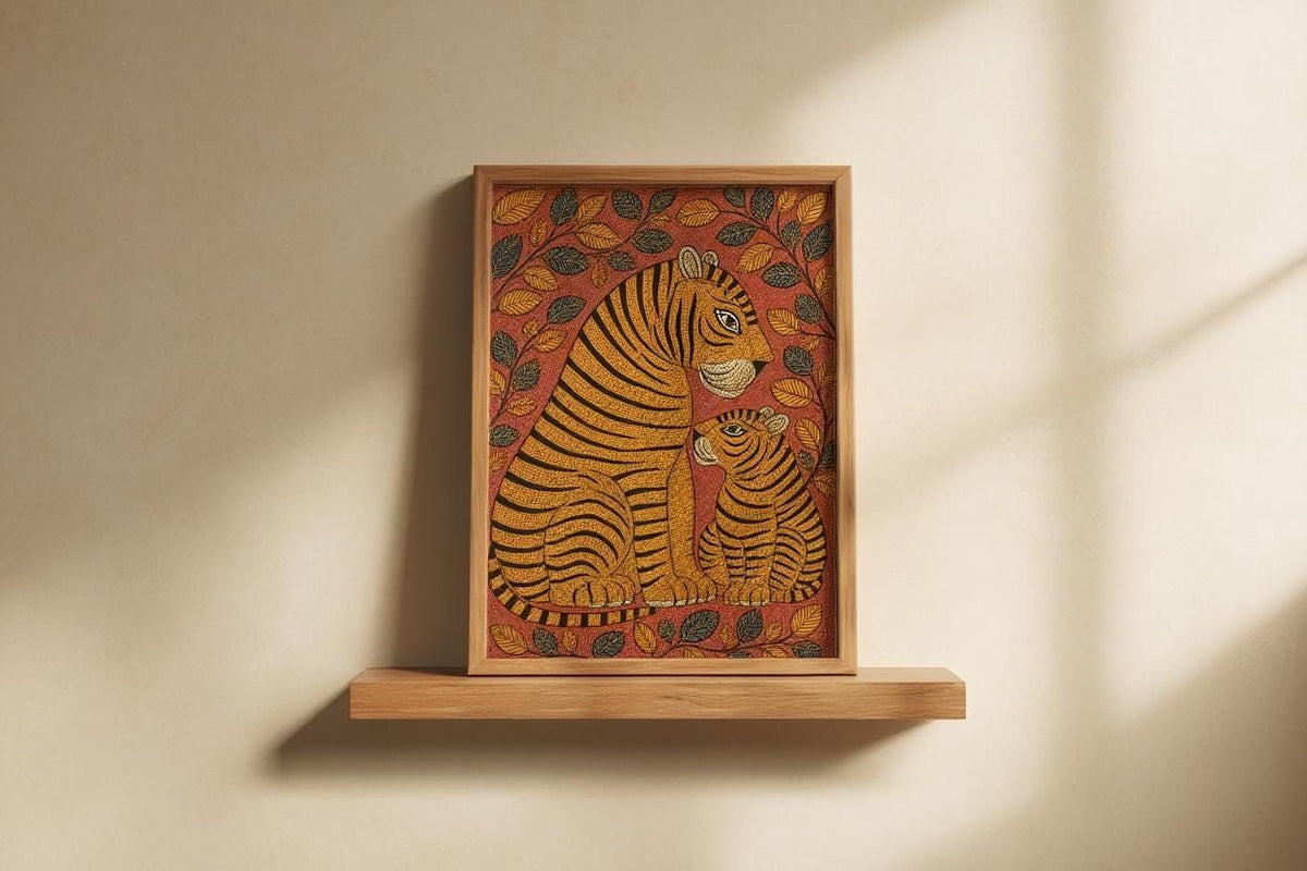 a framed painting of two tiger figures, one larger and one smaller, sitting together on a leafy background.