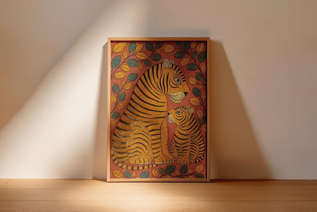 A framed painting of a tiger and its cub is displayed on a wooden floor against a white wall.