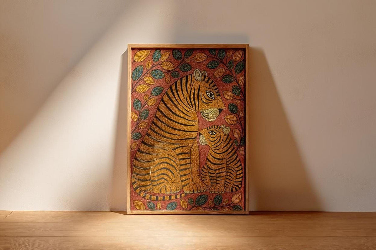 A framed painting of a tiger and its cub is displayed on a wooden floor against a white wall.