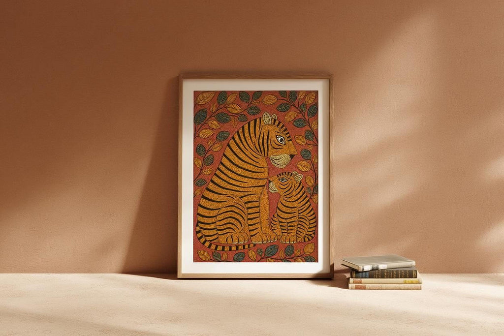 A framed painting of two tiger illustrations is displayed on a wall, with a stack of books and a light source casting shadows on the wall behind it.