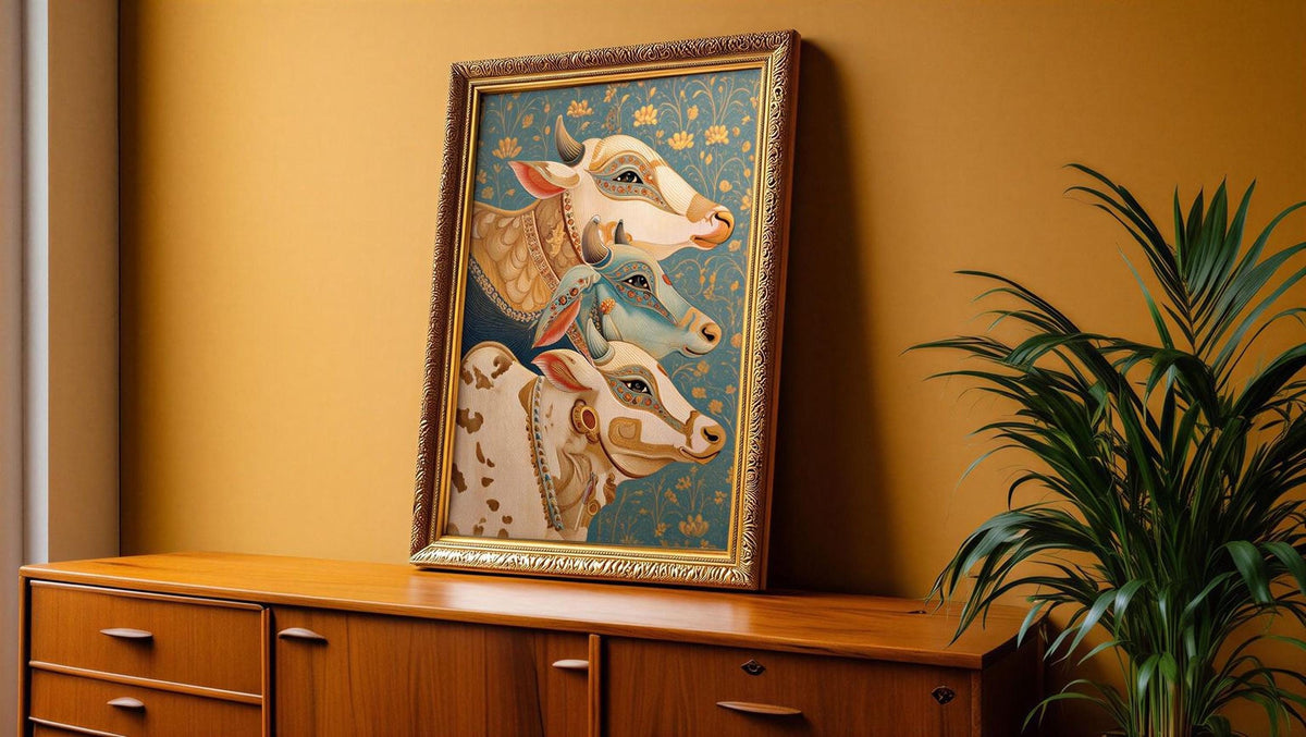 a framed painting of three cows, with a wooden dresser and a potted plant in the foreground.