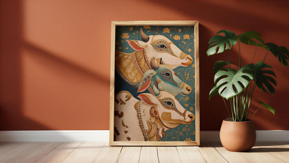 a framed painting of three cows, each with distinct features and colors, set against a vibrant background. The painting is displayed on a wooden floor, with a potted plant to the right and a red wall in the background.