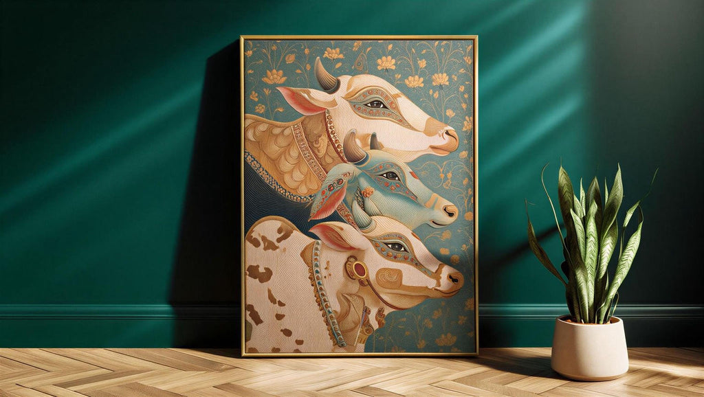 a framed painting of three cows, each with distinct features and colors, set against a green wall. The painting is displayed on a wooden floor, with a potted plant to the right side.