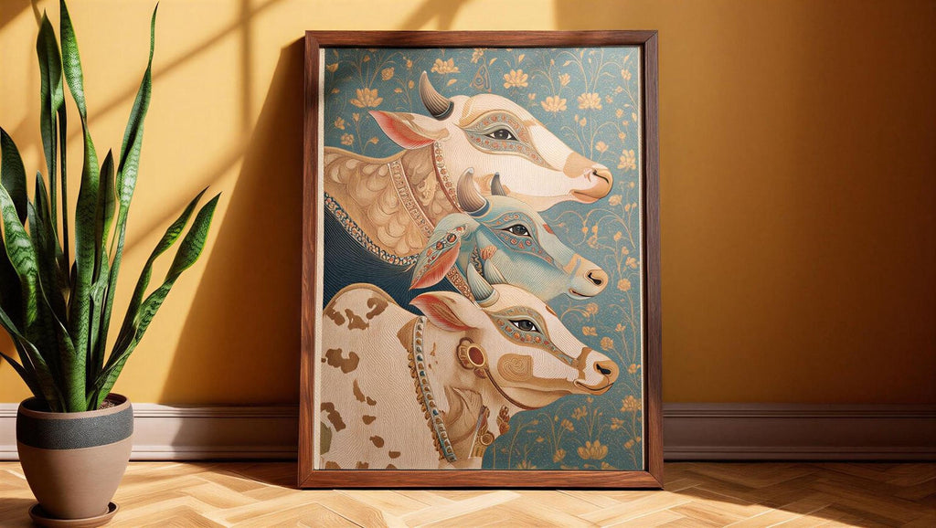 a framed painting of three cows, each with distinct features and colors, set against a blue and green floral background.
