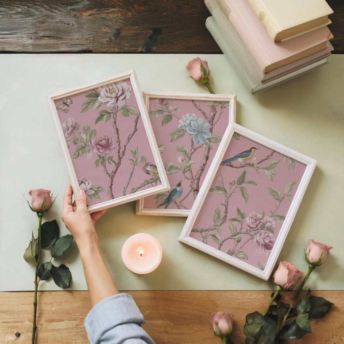 a person's hand holding a framed picture of a pink floral design, surrounded by three additional framed pictures with similar floral designs, pink roses, and a lit candle on a wooden surface.
