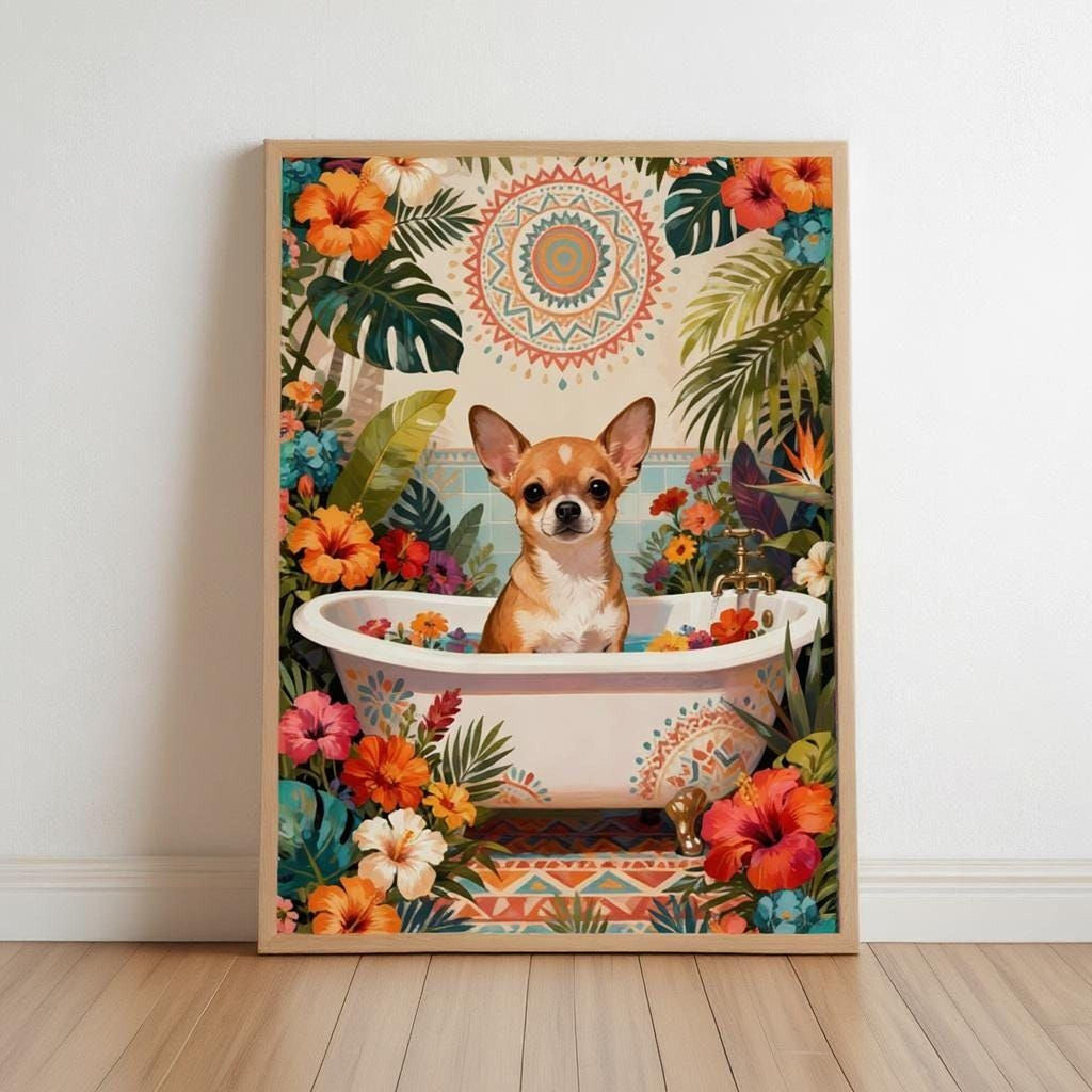 A small dog is sitting in a bathtub filled with colorful flowers, surrounded by tropical plants and flowers.