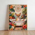 A small dog is sitting in a bathtub filled with colorful flowers, surrounded by tropical plants and flowers.