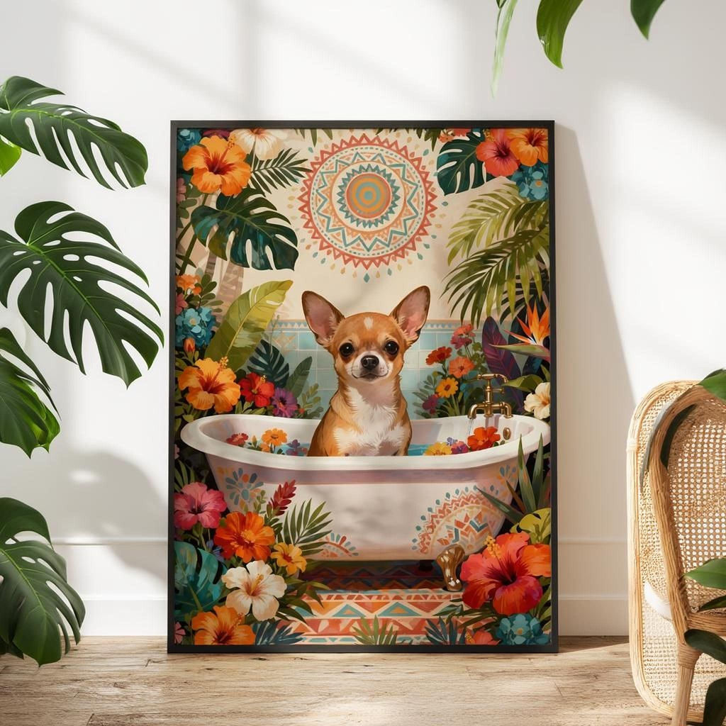 A small dog is sitting in a bathtub filled with colorful flowers, surrounded by tropical plants and a sun-like design.